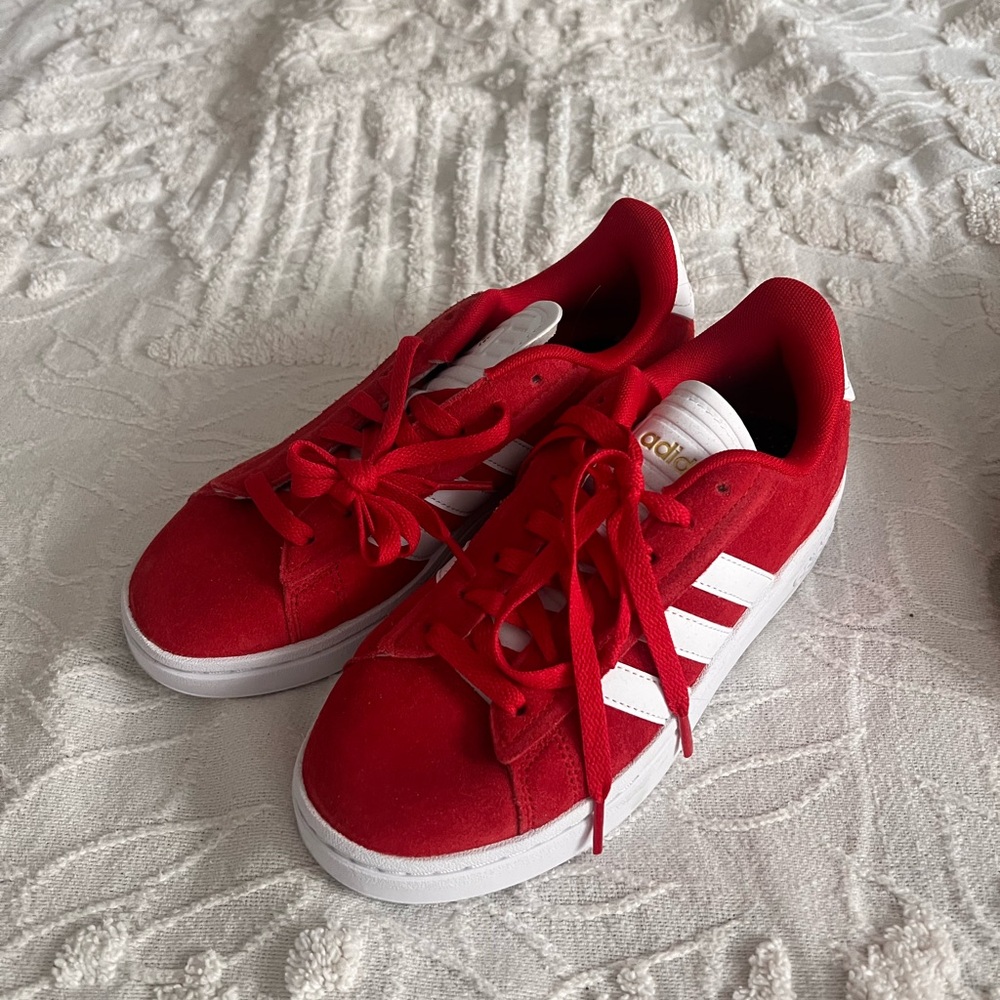 Adidas Red Sneakers with White Stripes